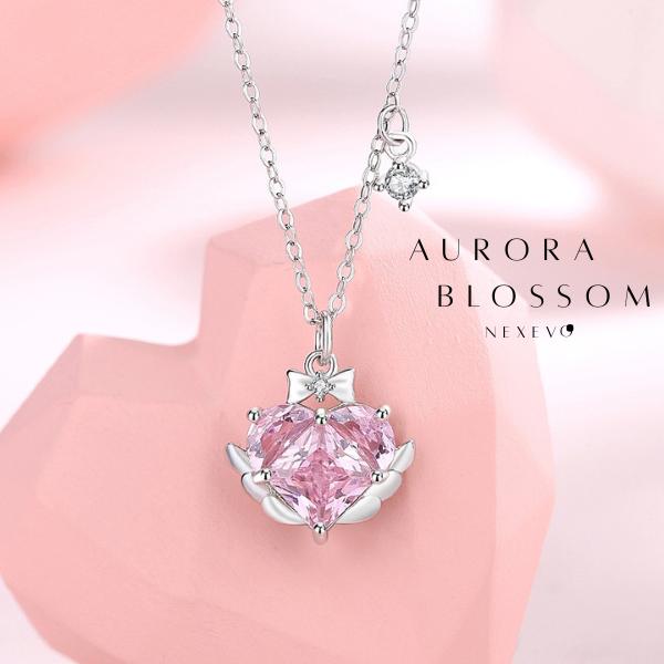 NEXEVO - สร้อยคอ Aurora Blossom สร้อยคอเงิน จี้หัวใจชมพู เสริมโชคด้านความรัก น้ำหนักเบา