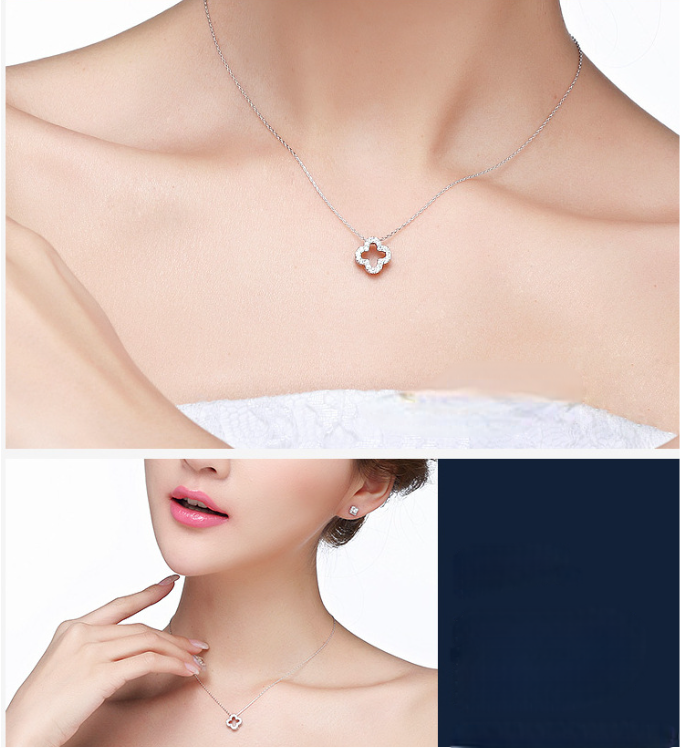 NEXEVO - สร้อยคอ Cloveré สร้อยเงินแท้ จี้โคลเวอร์ฝังเพชร สไตล์เรียบหรู เสริมโชคดี น้ำหนักเบา ใส่ได้ทุกวัน